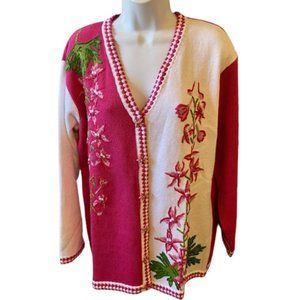 Cardigan Sweater Storybook Knits Floral Pink White Embellished Large